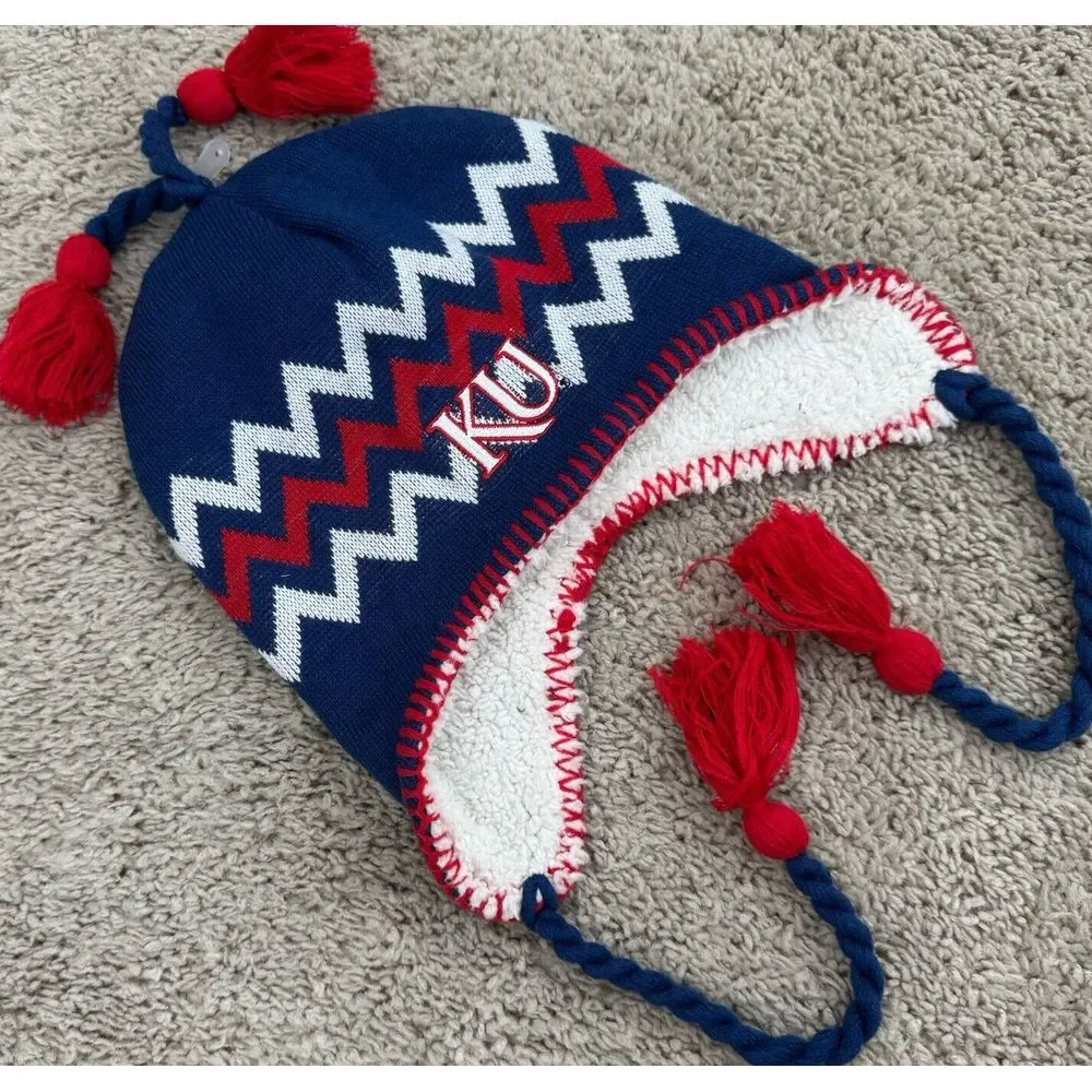Kansas Jayhawks Beanie Zephyr Alpine Tassel Blue‎ Red Zig Zag Knit Hat Ear Flaps